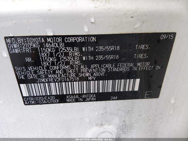Продажа на аукционе авто 2015 Toyota Rav4 Limited, vin: JTMDFREV2FD167518, номер лота: 44770724