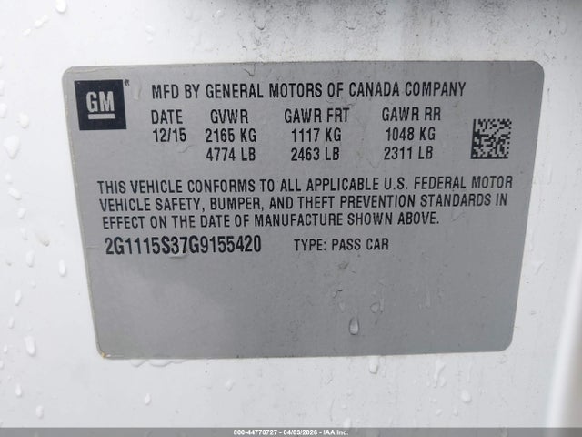 Aukcja sprzedaży 2016 Chevrolet Impala 2lt, vin: 2G1115S37G9155420, numer aukcji: 44770727