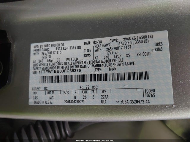 Aukcja sprzedaży 2018 Ford F-150 Xlt, vin: 1FTEW1EB0JFC65276, numer aukcji: 44770735