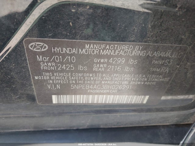 2011 Hyundai Sonata Gls მანქანა იყიდება აუქციონზე, vin: 5NPEB4AC3BH026291, აუქციონის ნომერი: 44770754