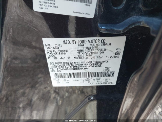 Продаж на аукціоні авто 2013 Ford Edge Sel, vin: 2FMDK3JC0DBB81896, номер лоту: 44770767