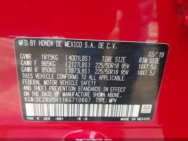 Aukcja sprzedaży 2019 Honda Hr-v Sport, vin: 3CZRU5H11KG710667, numer aukcji: 44770769
