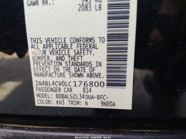 44770785 :رقم المزاد ، 1N4BL4CV0LC176800 vin ، 2020 Nissan Altima Sr Fwd مزاد بيع