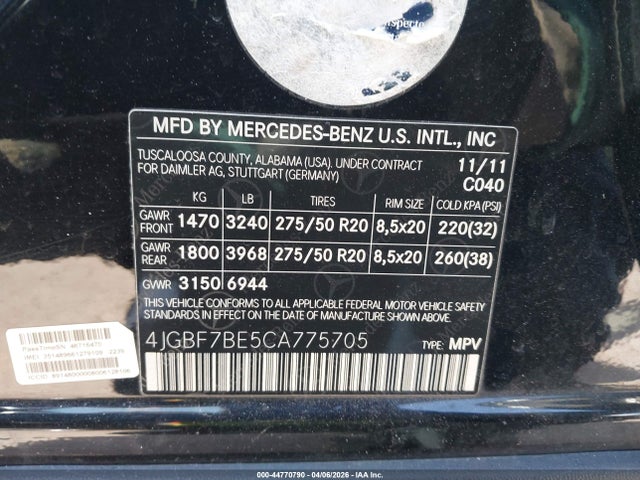 Продажа на аукционе авто 2012 Mercedes-benz Gl 450 4matic, vin: 4JGBF7BE5CA775705, номер лота: 44770790