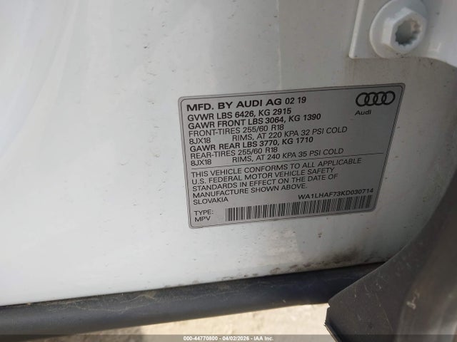 Aukcja sprzedaży 2019 Audi Q7 45 Premium, vin: WA1LHAF73KD030714, numer aukcji: 44770800