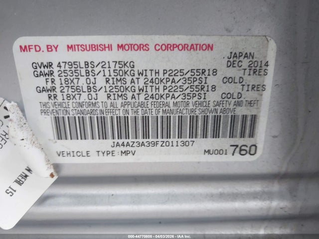 Mitsubishi Outlander Se 2015 JA4AZ3A39FZ011307 Image 9