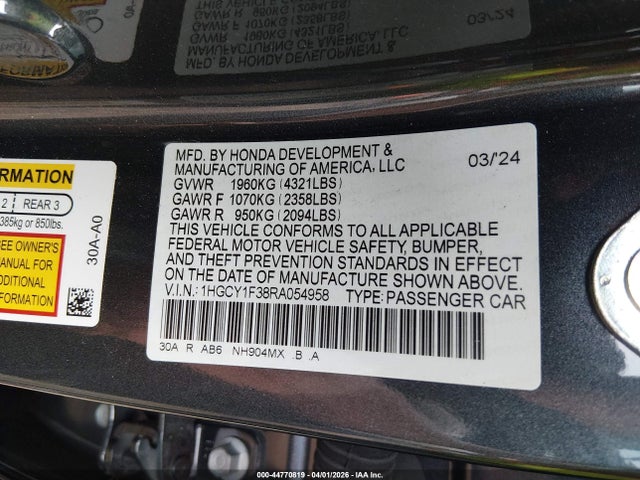 Продажа на аукционе авто 2024 Honda Accord Ex, vin: 1HGCY1F38RA054958, номер лота: 44770819