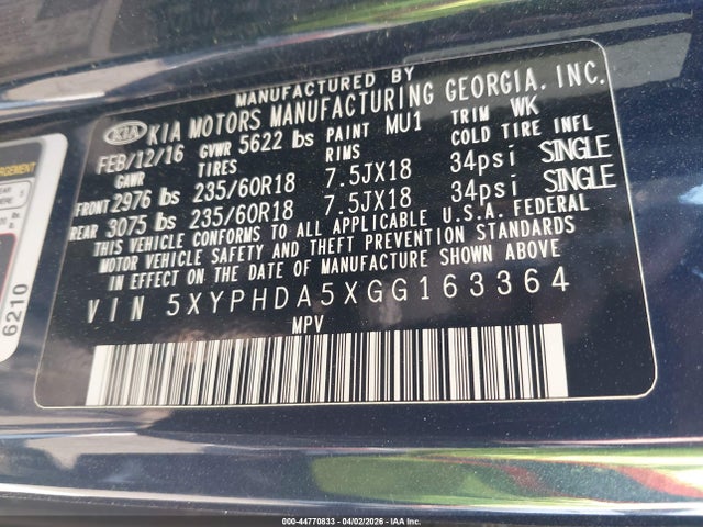 2016 Kia Sorento 3.3l Ex მანქანა იყიდება აუქციონზე, vin: 5XYPHDA5XGG163364, აუქციონის ნომერი: 44770833