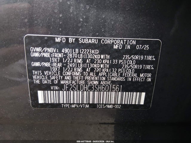 44770849 :رقم المزاد ، JF2SLDHC3SH601561 vin ، 2025 Subaru Forester Sport مزاد بيع