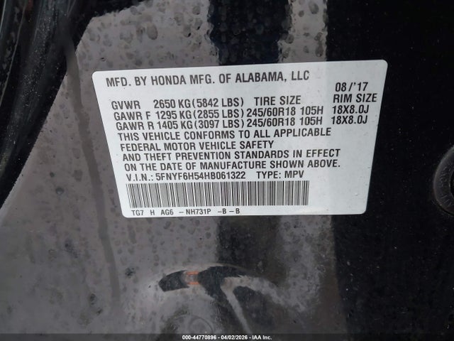 2017 Honda Pilot Ex-l მანქანა იყიდება აუქციონზე, vin: 5FNYF6H54HB061322, აუქციონის ნომერი: 44770896