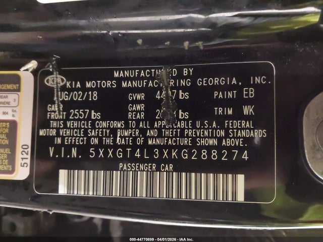 Aukcja sprzedaży 2019 Kia Optima Lx, vin: 5XXGT4L3XKG288274, numer aukcji: 44770899