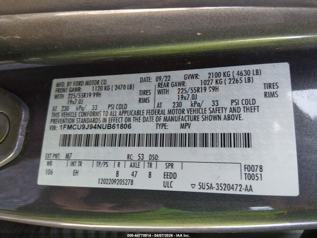 Aukcja sprzedaży 2022 Ford Escape Titanium, vin: 1FMCU9J94NUB61806, numer aukcji: 44770914