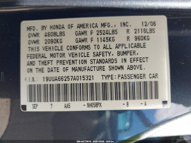 2007 Acura Tl 3.2 მანქანა იყიდება აუქციონზე, vin: 19UUA66257A015321, აუქციონის ნომერი: 44770919