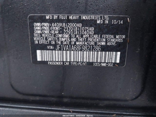 Aukcja sprzedaży 2015 Subaru Wrx, vin: JF1VA1A68F9821286, numer aukcji: 44770933