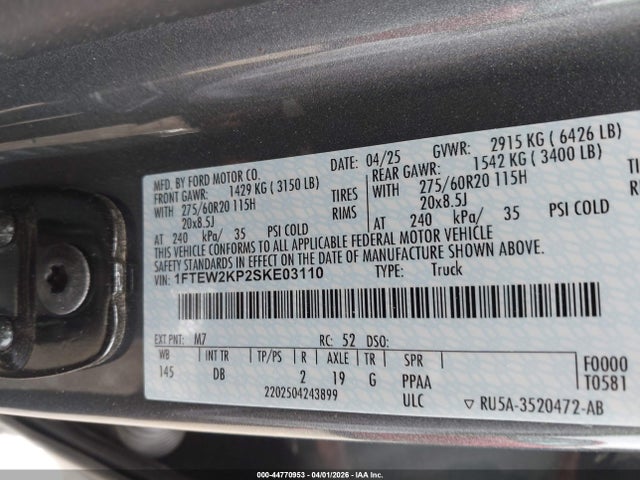 Aukcja sprzedaży 2025 Ford F-150 Stx, vin: 1FTEW2KP2SKE03110, numer aukcji: 44770953