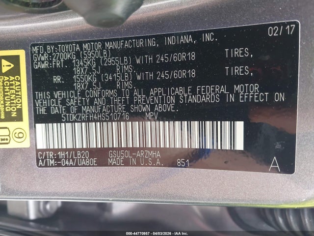 Продажа на аукционе авто 2017 Toyota Highlander Xle, vin: 5TDKZRFH4HS510716, номер лота: 44770957
