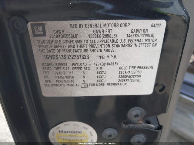 2003 CHEVROLET TRAILBLAZER 1GNDS13S032357323 Photo 8