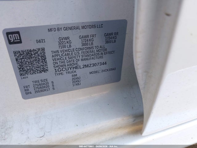 44770981 :رقم المزاد ، 1GCUYHEL2MZ307344 vin ، 2021 Chevrolet Silverado 1500 4wd  Short Bed High Country مزاد بيع