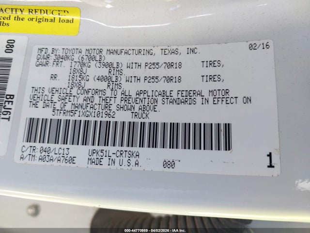 44770989 :رقم المزاد ، 5TFRM5F1XGX101962 vin ، 2016 Toyota Tundra Sr 4.6l V8 مزاد بيع