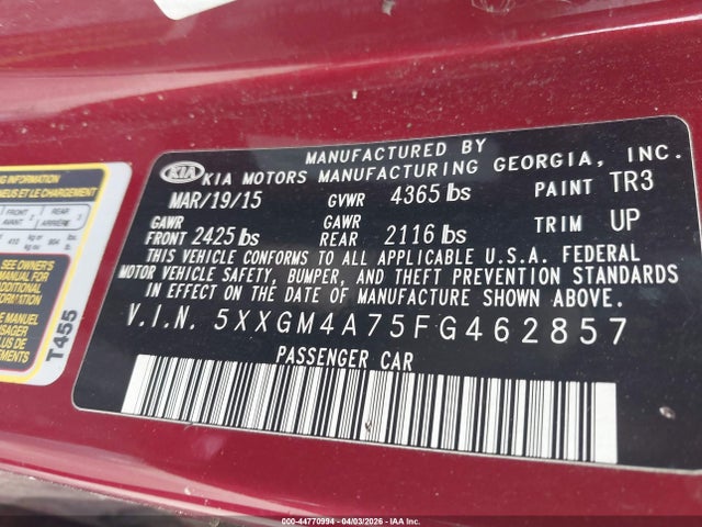 44770994 :رقم المزاد ، 5XXGM4A75FG462857 vin ، 2015 Kia Optima Lx مزاد بيع