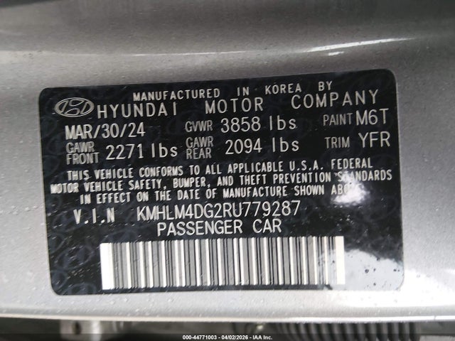 Продажа на аукционе авто 2024 Hyundai Elantra Sel, vin: KMHLM4DG2RU779287, номер лота: 44771003