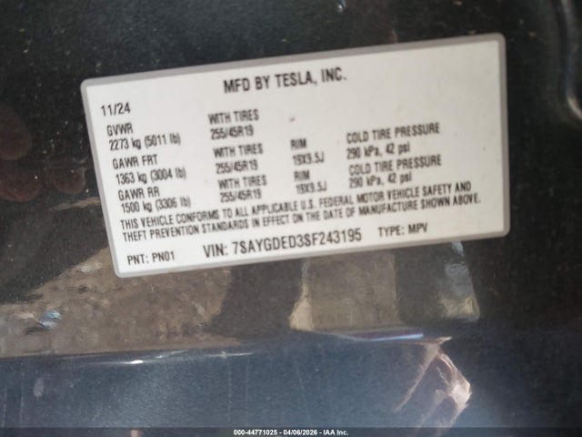 7SAYGDED3SF243195 Tesla Model Y Long Range Dual Motor Rear-wheel Drive
