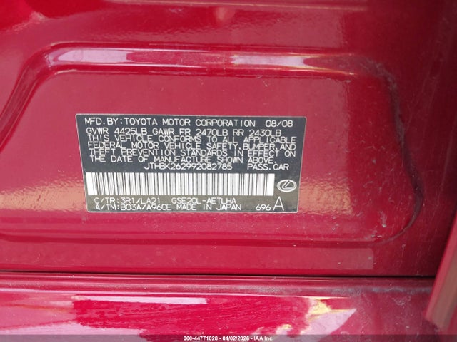 Aukcja sprzedaży 2009 Lexus Is 250, vin: JTHBK262992082785, numer aukcji: 44771028