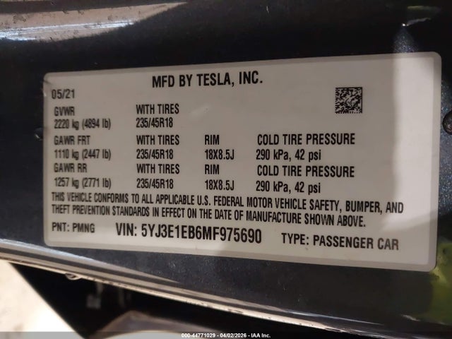 Aukcja sprzedaży 2021 Tesla Model 3 Long Range Dual Motor All-wheel Drive, vin: 5YJ3E1EB6MF975690, numer aukcji: 44771029
