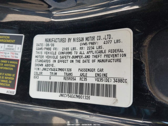 2007 Infiniti G35 მანქანა იყიდება აუქციონზე, vin: JNKCV54E47M901326, აუქციონის ნომერი: 44771061
