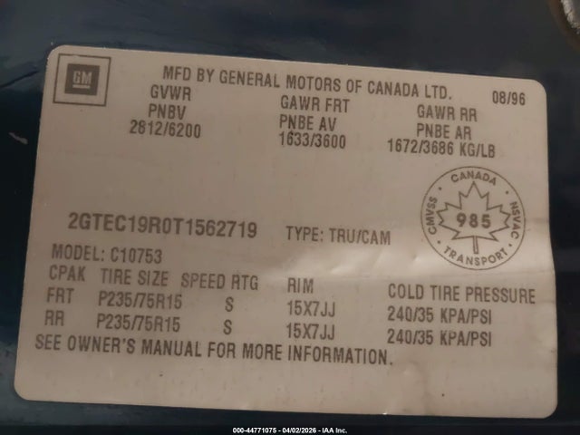 Продажа на аукционе авто 1996 Gmc Sierra C1500, vin: 2GTEC19R0T1562719, номер лота: 44771075
