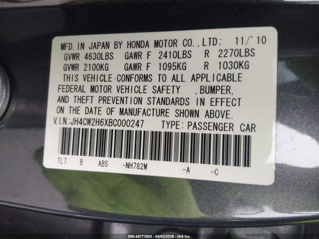 44771083 :رقم المزاد ، JH4CW2H6XBC000247 vin ، 2011 Acura Tsx 2.4 مزاد بيع
