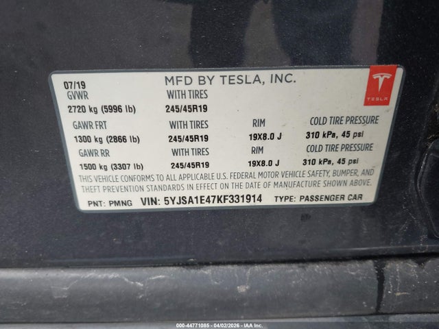 Продажа на аукционе авто 2019 Tesla Model S 100d/long Range/p100d/performance, vin: 5YJSA1E47KF331914, номер лота: 44771085