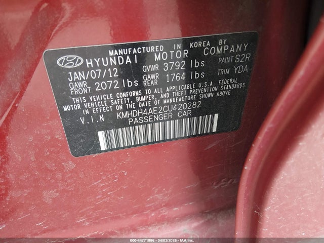 44771086 :رقم المزاد ، KMHDH4AE2CU420282 vin ، 2012 Hyundai Elantra Gls (ulsan Plant) مزاد بيع