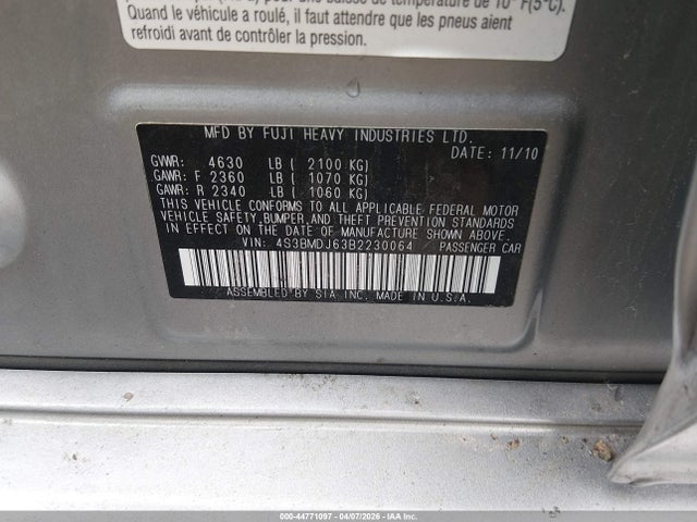 44771097 :رقم المزاد ، 4S3BMDJ63B2230064 vin ، 2011 Subaru Legacy 3.6r Limited مزاد بيع