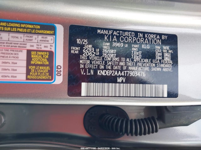 Aukcja sprzedaży 2026 Kia Seltos Lx, vin: KNDEP2AA4T7903476, numer aukcji: 44771100