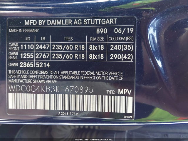 Aukcja sprzedaży 2019 Mercedes-benz Glc 300 4matic, vin: WDC0G4KB3KF670895, numer aukcji: 44771101