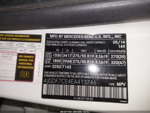 Aukcja sprzedaży 2014 Mercedes-benz Gl 450 4matic, vin: 4JGDF7CE4EA413746, numer aukcji: 44771103