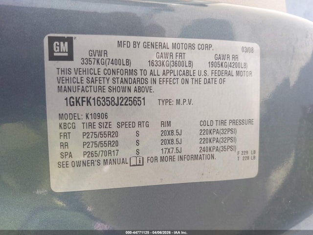 44771125 :رقم المزاد ، 1GKFK16358J225651 vin ، 2008 Gmc Yukon Xl 1500 Slt مزاد بيع