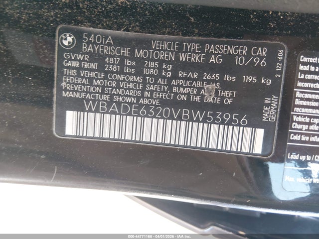44771168 :رقم المزاد ، WBADE6320VBW53956 vin ، 1997 Bmw 540ia مزاد بيع