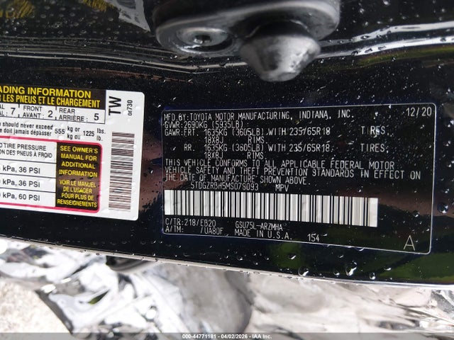Aukcja sprzedaży 2021 Toyota Highlander Xle, vin: 5TDGZRBH5MS078093, numer aukcji: 44771181