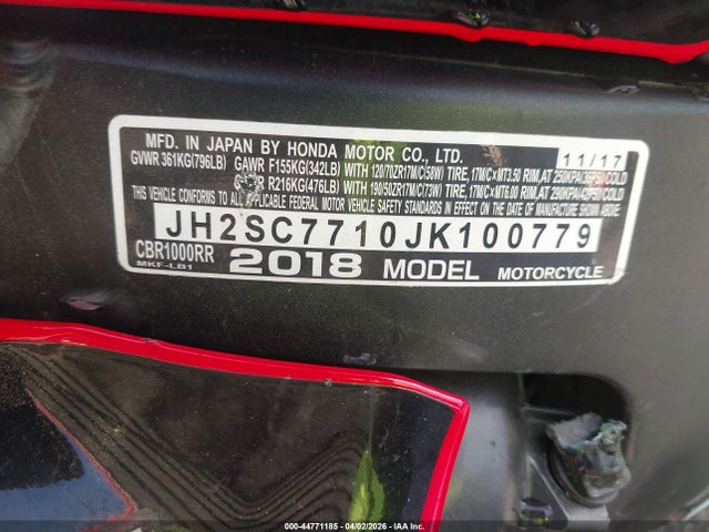Продажа на аукционе авто 2018 Honda Cbr1000 Rr, vin: JH2SC7710JK100779, номер лота: 44771185