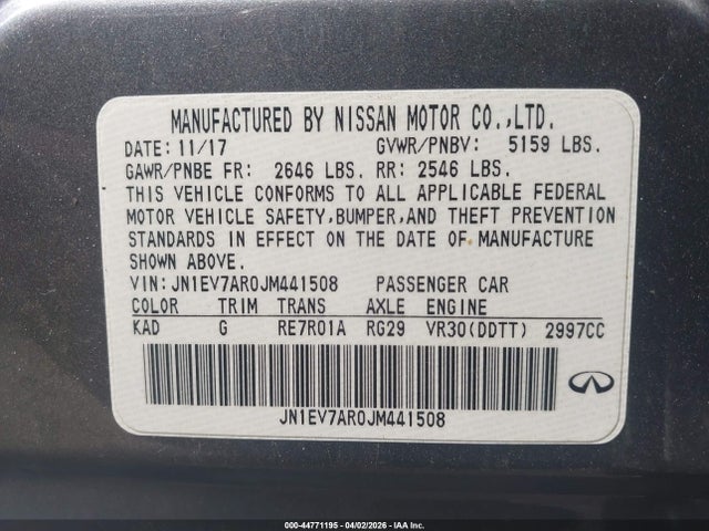 44771195 :رقم المزاد ، JN1EV7AR0JM441508 vin ، 2018 Infiniti Q50 3.0t Sport مزاد بيع