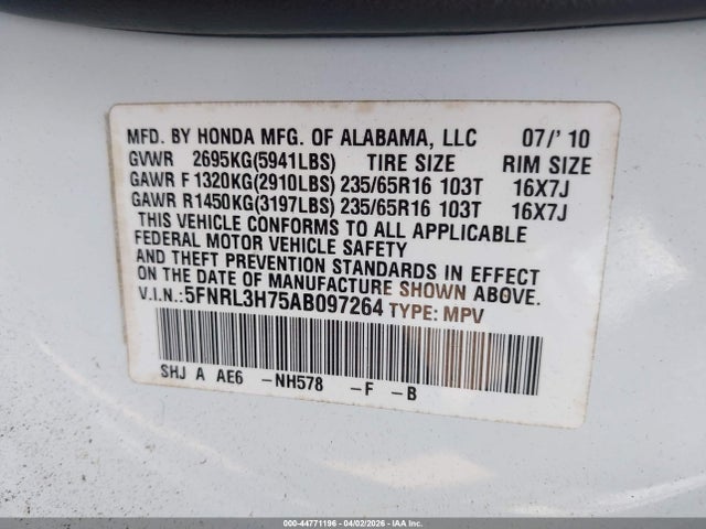Продажа на аукционе авто 2010 Honda Odyssey Ex-l, vin: 5FNRL3H75AB097264, номер лота: 44771196
