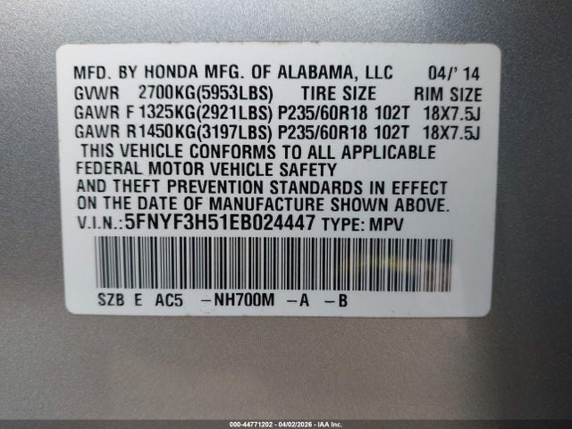 44771202 :رقم المزاد ، 5FNYF3H51EB024447 vin ، 2014 Honda Pilot Ex-l مزاد بيع