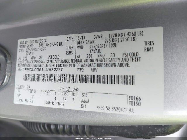 Продаж на аукціоні авто 2020 Ford Escape Se, vin: 1FMCU0G61LUA82227, номер лоту: 44771204