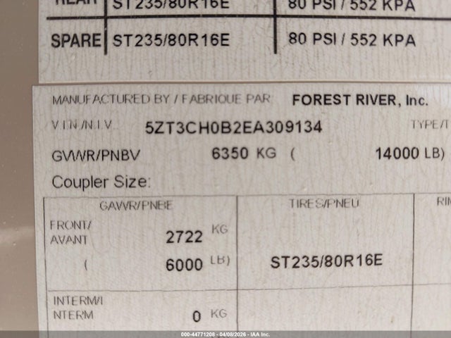 2014 Coachmen Chaparral მანქანა იყიდება აუქციონზე, vin: 5ZT3CH0B2EA309134, აუქციონის ნომერი: 44771208