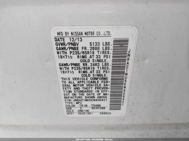 Продаж на аукціоні авто 2014 Nissan Murano Le/s/sl/sv, vin: JN8AZ1MU5EW408421, номер лоту: 44771236