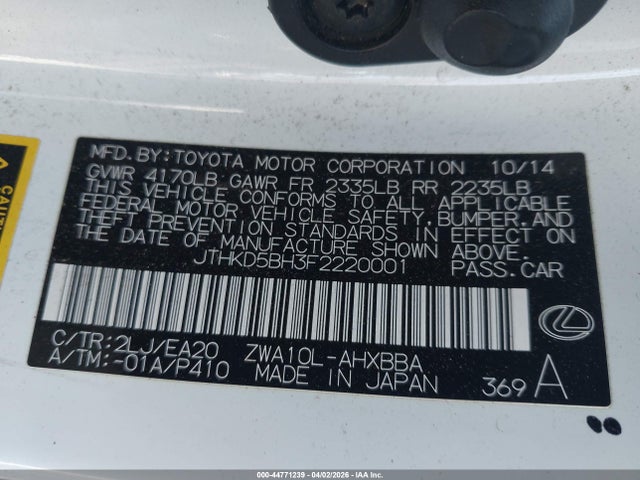 Aukcja sprzedaży 2015 Lexus Ct 200h, vin: JTHKD5BH3F2220001, numer aukcji: 44771239