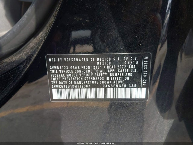 44771261 :رقم المزاد ، 3VWC57BU1KM192307 vin ، 2019 Volkswagen Jetta 1.4t R-line/1.4t S/1.4t Se مزاد بيع