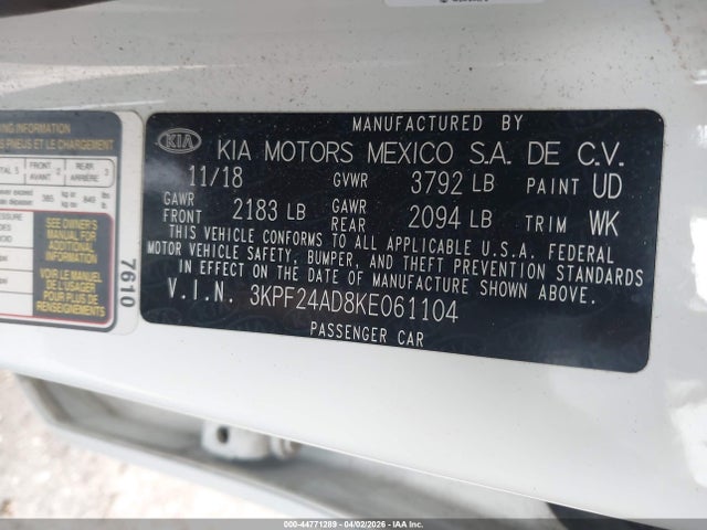 Продаж на аукціоні авто 2019 Kia Forte Lxs, vin: 3KPF24AD8KE061104, номер лоту: 44771289
